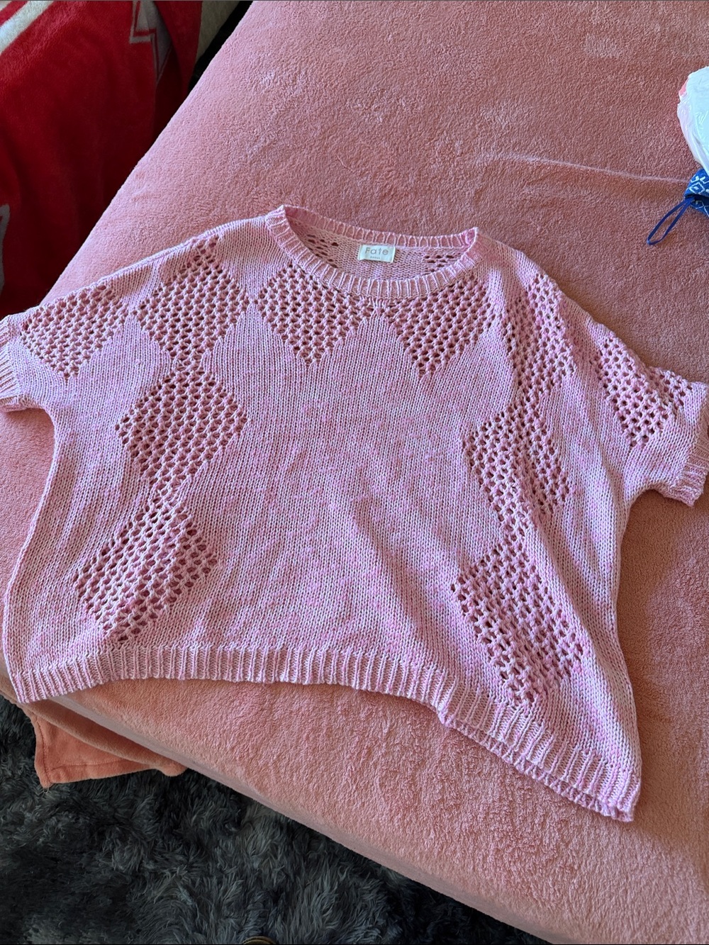 Fate Pink Open-Knit Short Sleeve Crew Sweater
